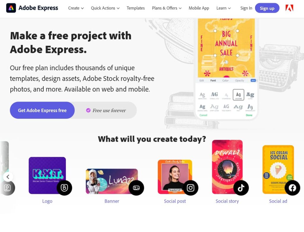 Image of Adobe Express Website